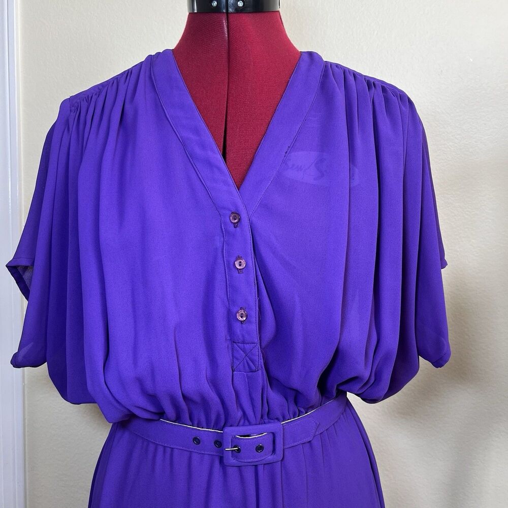 Vtg 80S Bernard New York V Neck Purple Chiffon Midi Dress Belted Retro Sz 10 - Picture 2 of 9
